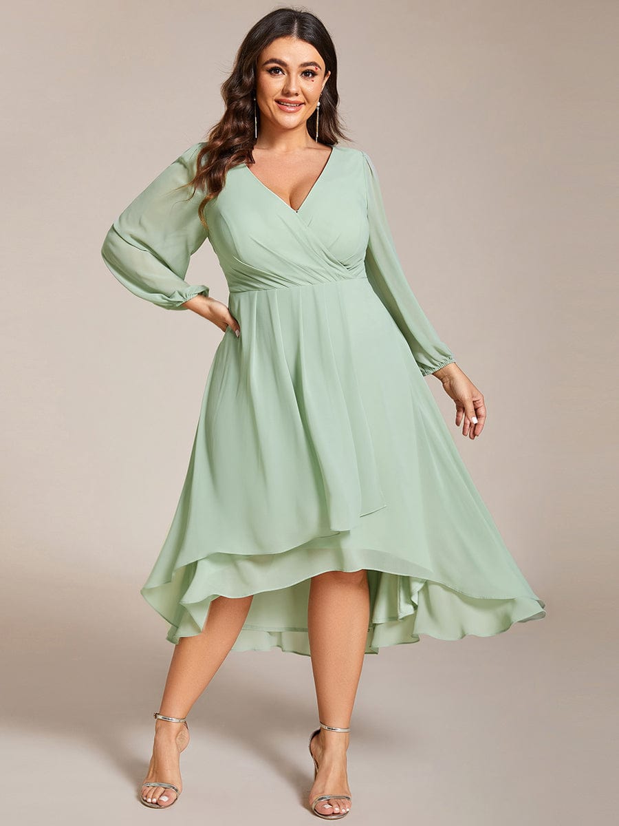Long Sleeves Asymmetrical Hem A-Line Midi Wedding Guest Dress #color_Mint Green Long Sleeves Asymmetrical Hem A-Line Midi Wedding Guest Dress #color_Mint Green