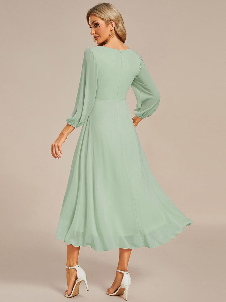 Long Sleeves Asymmetrical Hem A-Line Midi Wedding Guest Dress #color_Mint Green Long Sleeves Asymmetrical Hem A-Line Midi Wedding Guest Dress #color_Mint Green