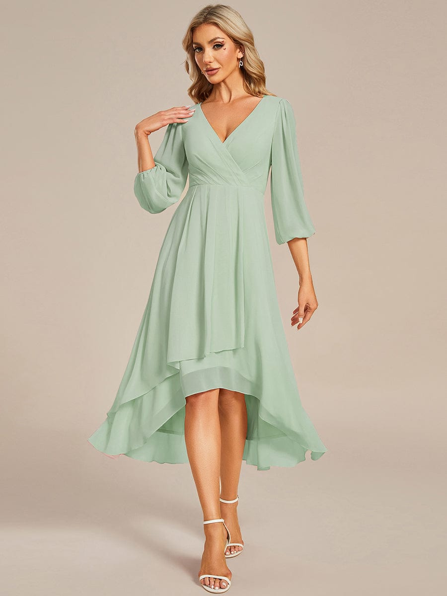 Long Sleeves Asymmetrical Hem A-Line Midi Wedding Guest Dress #color_Mint Green Long Sleeves Asymmetrical Hem A-Line Midi Wedding Guest Dress #color_Mint Green