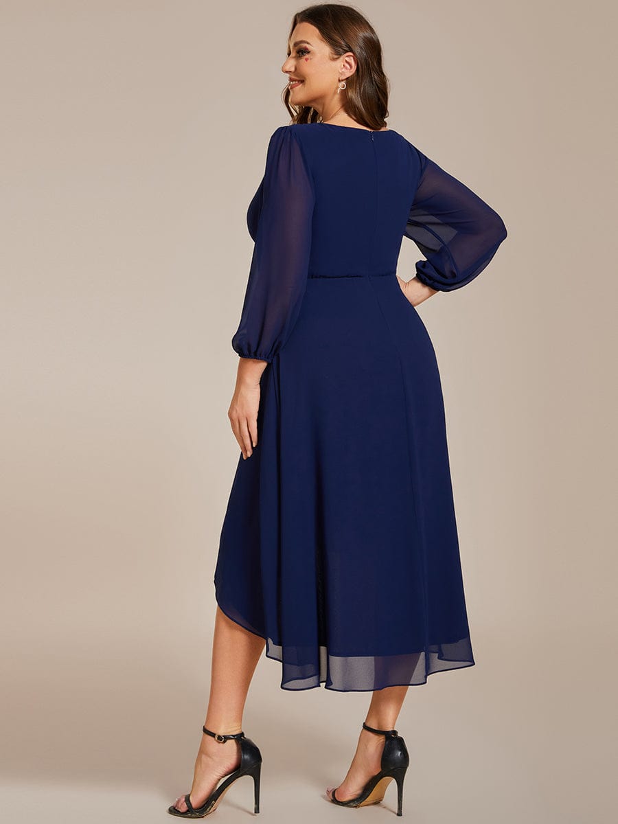 Long Sleeves Asymmetrical Hem A-Line Midi Wedding Guest Dress #color_Navy Blue Long Sleeves Asymmetrical Hem A-Line Midi Wedding Guest Dress #color_Navy Blue