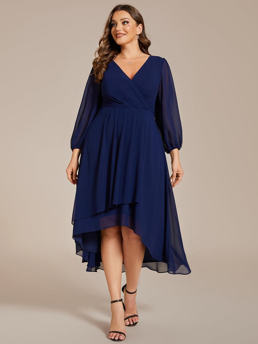 Long Sleeves Asymmetrical Hem A-Line Midi Wedding Guest Dress #color_Navy Blue Long Sleeves Asymmetrical Hem A-Line Midi Wedding Guest Dress #color_Navy Blue