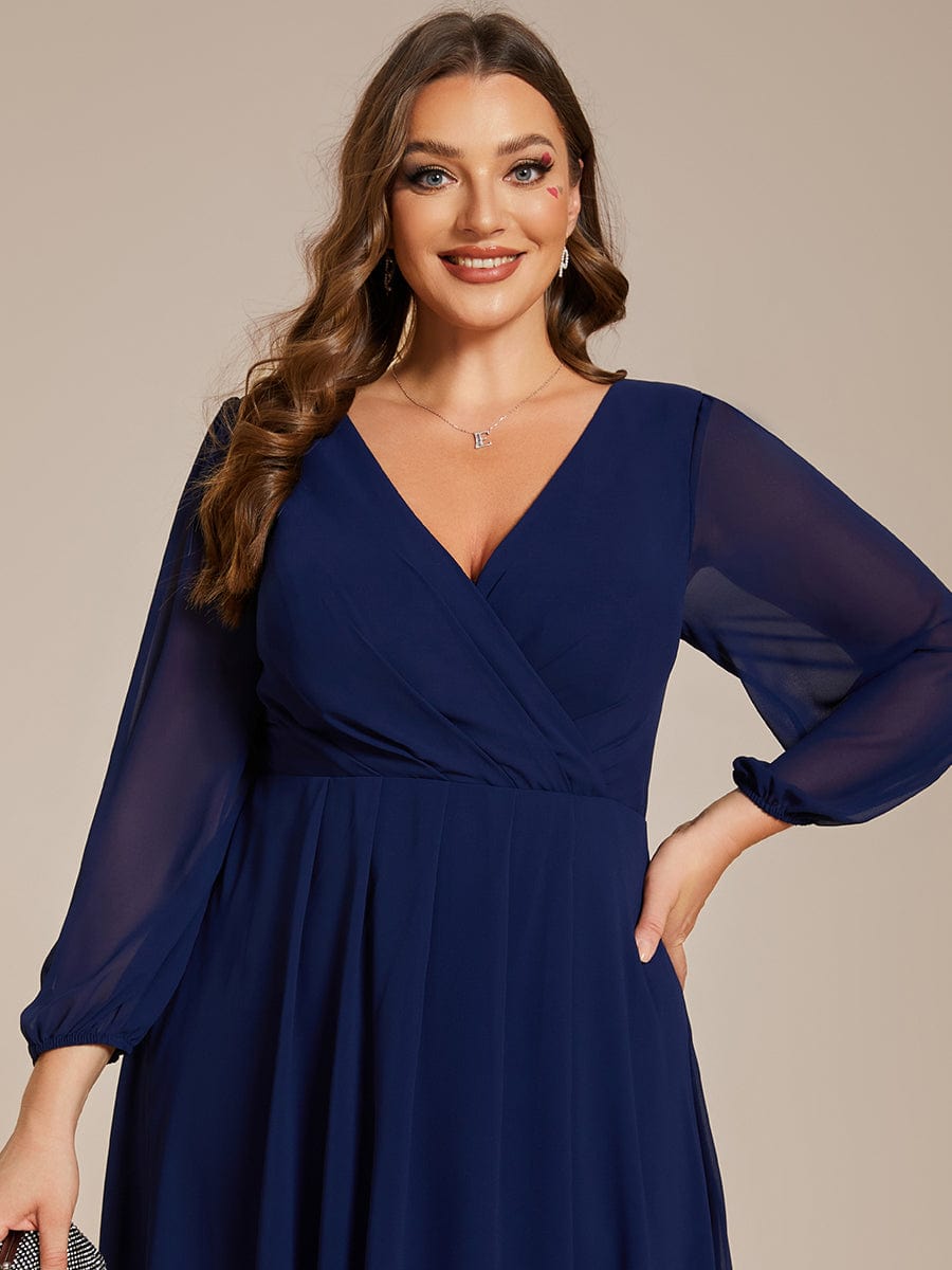 Plus Size Chiffon A-Line Long Sleeves Asymmetrical Hem Wedding Guest Dress #color_Navy Blue Plus Size Chiffon A-Line Long Sleeves Asymmetrical Hem Wedding Guest Dress #color_Navy Blue