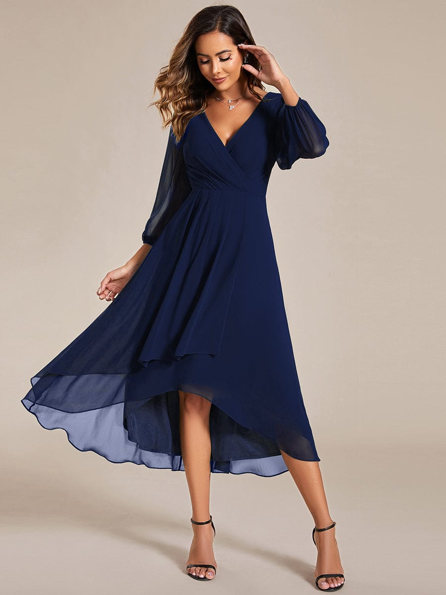 Long Sleeves Asymmetrical Hem A-Line Midi Wedding Guest Dress #color_Navy Blue Long Sleeves Asymmetrical Hem A-Line Midi Wedding Guest Dress #color_Navy Blue