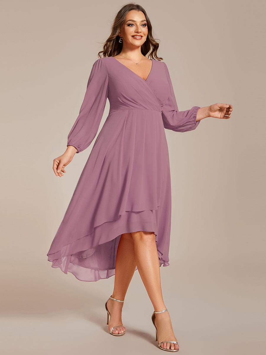 Plus Size Chiffon A-Line Long Sleeves Asymmetrical Hem Wedding Guest Dress #color_Purple Orchid Plus Size Chiffon A-Line Long Sleeves Asymmetrical Hem Wedding Guest Dress #color_Purple Orchid