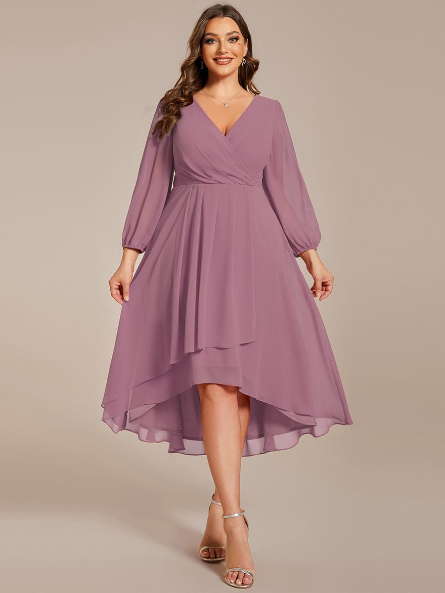 Plus Size Chiffon A-Line Long Sleeves Asymmetrical Hem Wedding Guest Dress #color_Purple Orchid Plus Size Chiffon A-Line Long Sleeves Asymmetrical Hem Wedding Guest Dress #color_Purple Orchid