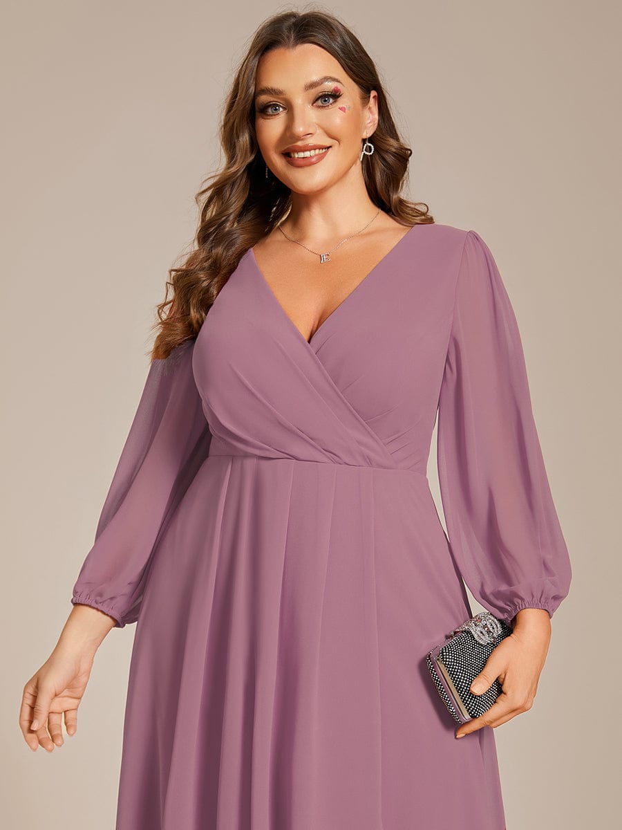 Long Sleeves Asymmetrical Hem A-Line Midi Wedding Guest Dress #color_Purple Orchid Long Sleeves Asymmetrical Hem A-Line Midi Wedding Guest Dress #color_Purple Orchid