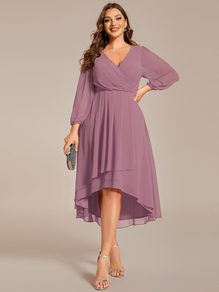 Plus Size Chiffon A-Line Long Sleeves Asymmetrical Hem Wedding Guest Dress #color_Purple Orchid Plus Size Chiffon A-Line Long Sleeves Asymmetrical Hem Wedding Guest Dress #color_Purple Orchid