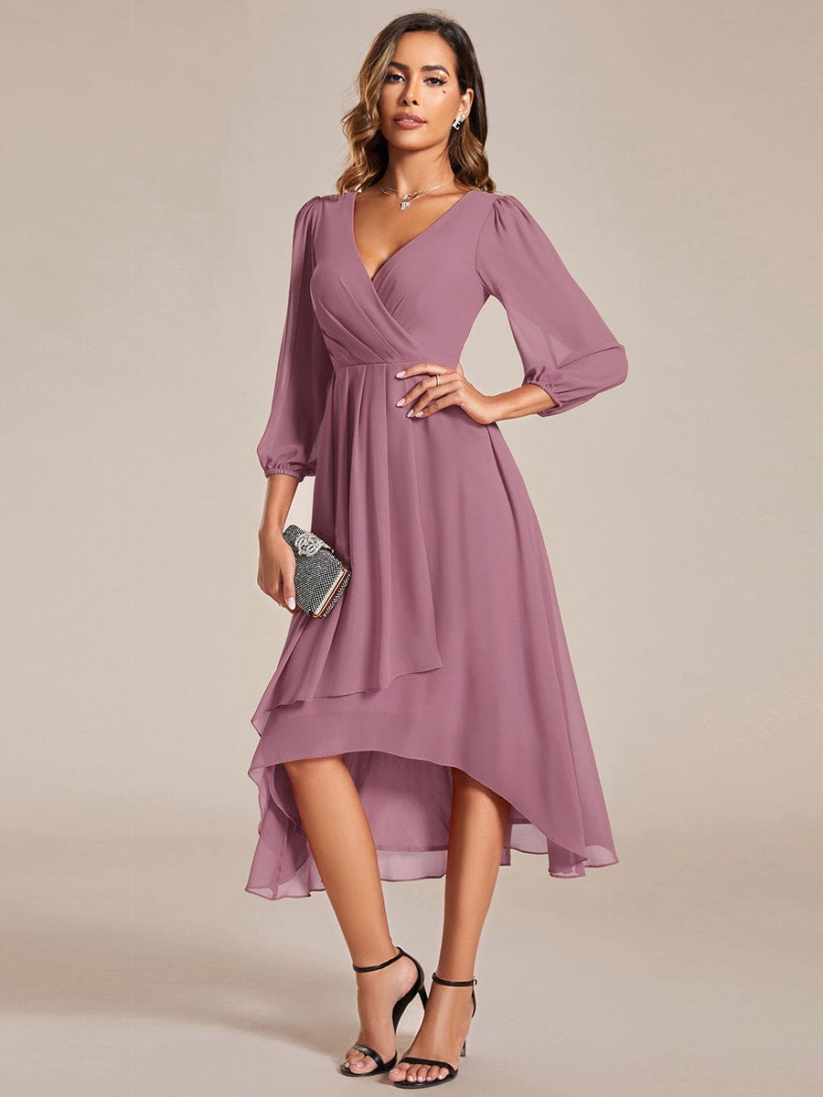 Long Sleeves Asymmetrical Hem A-Line Midi Wedding Guest Dress #color_Purple Orchid Long Sleeves Asymmetrical Hem A-Line Midi Wedding Guest Dress #color_Purple Orchid