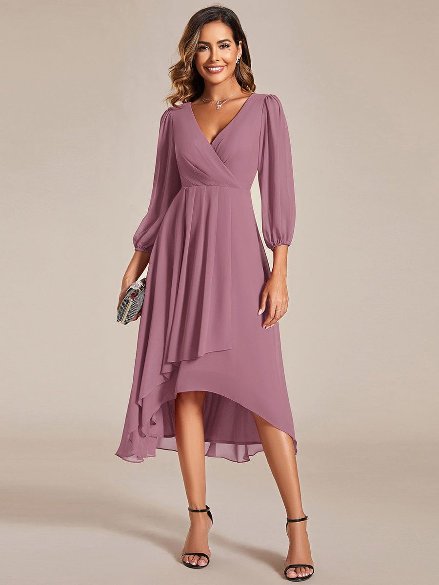 Long Sleeves Asymmetrical Hem A-Line Midi Wedding Guest Dress #color_Purple Orchid Long Sleeves Asymmetrical Hem A-Line Midi Wedding Guest Dress #color_Purple Orchid