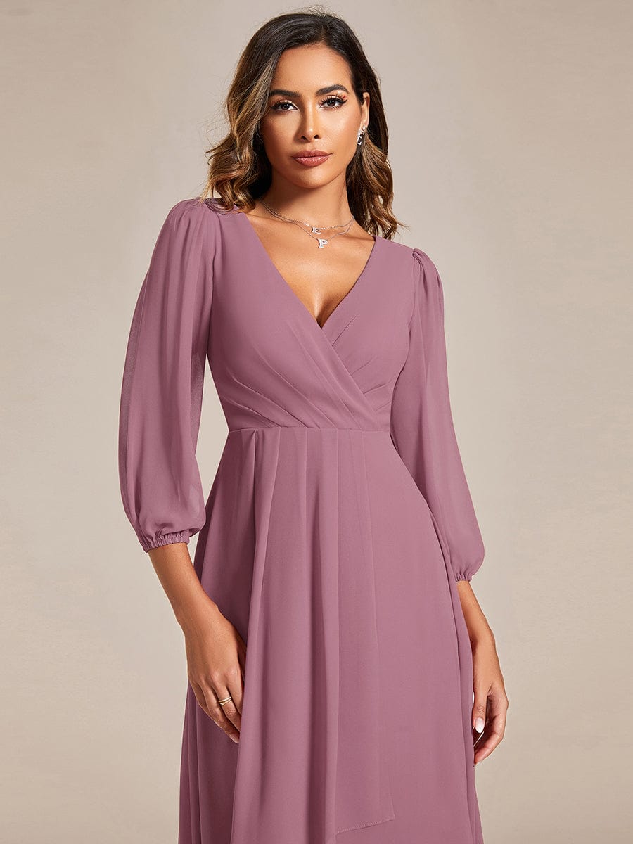 Long Sleeves Asymmetrical Hem A-Line Midi Wedding Guest Dress #color_Purple Orchid Long Sleeves Asymmetrical Hem A-Line Midi Wedding Guest Dress #color_Purple Orchid