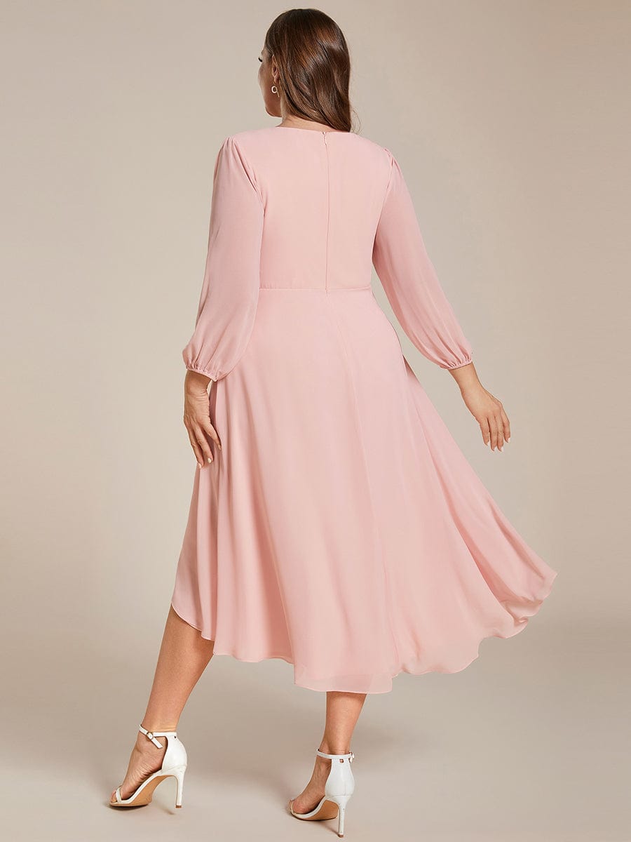 Plus Size Chiffon A-Line Long Sleeves Asymmetrical Hem Wedding Guest Dress #color_Pink Plus Size Chiffon A-Line Long Sleeves Asymmetrical Hem Wedding Guest Dress #color_Pink