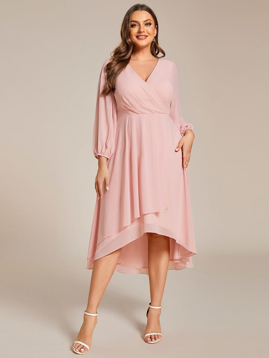 Plus Size Chiffon A-Line Long Sleeves Asymmetrical Hem Wedding Guest Dress #color_Pink Plus Size Chiffon A-Line Long Sleeves Asymmetrical Hem Wedding Guest Dress #color_Pink
