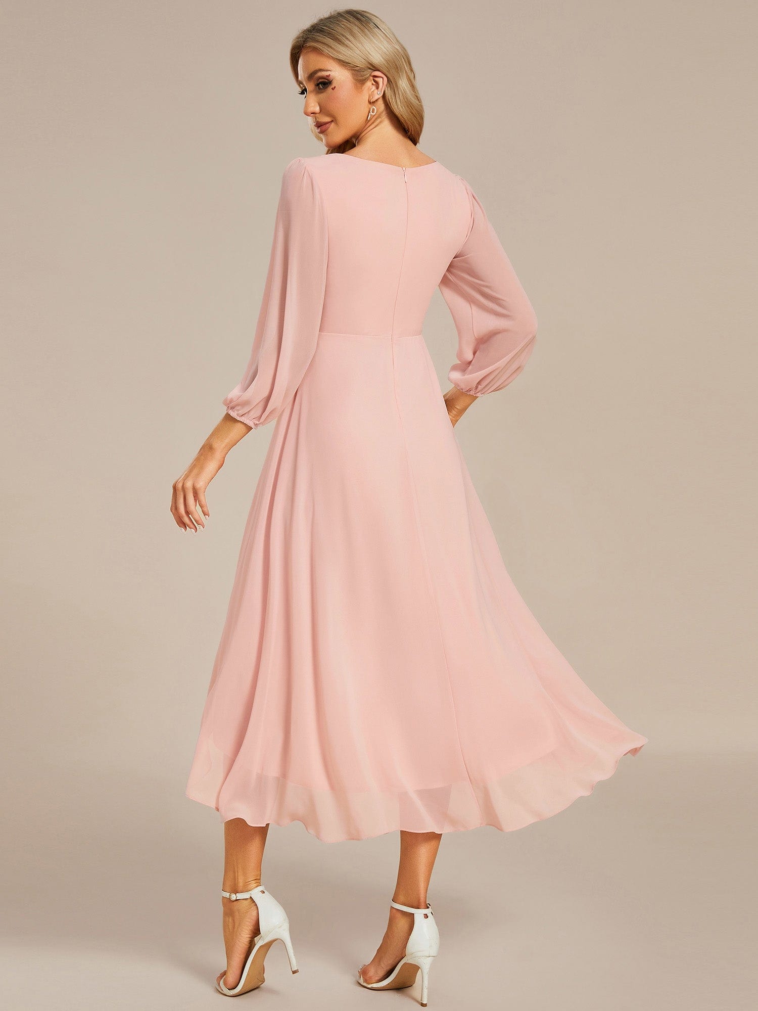 Long Sleeves Asymmetrical Hem A-Line Midi Wedding Guest Dress #color_Pink Long Sleeves Asymmetrical Hem A-Line Midi Wedding Guest Dress #color_Pink
