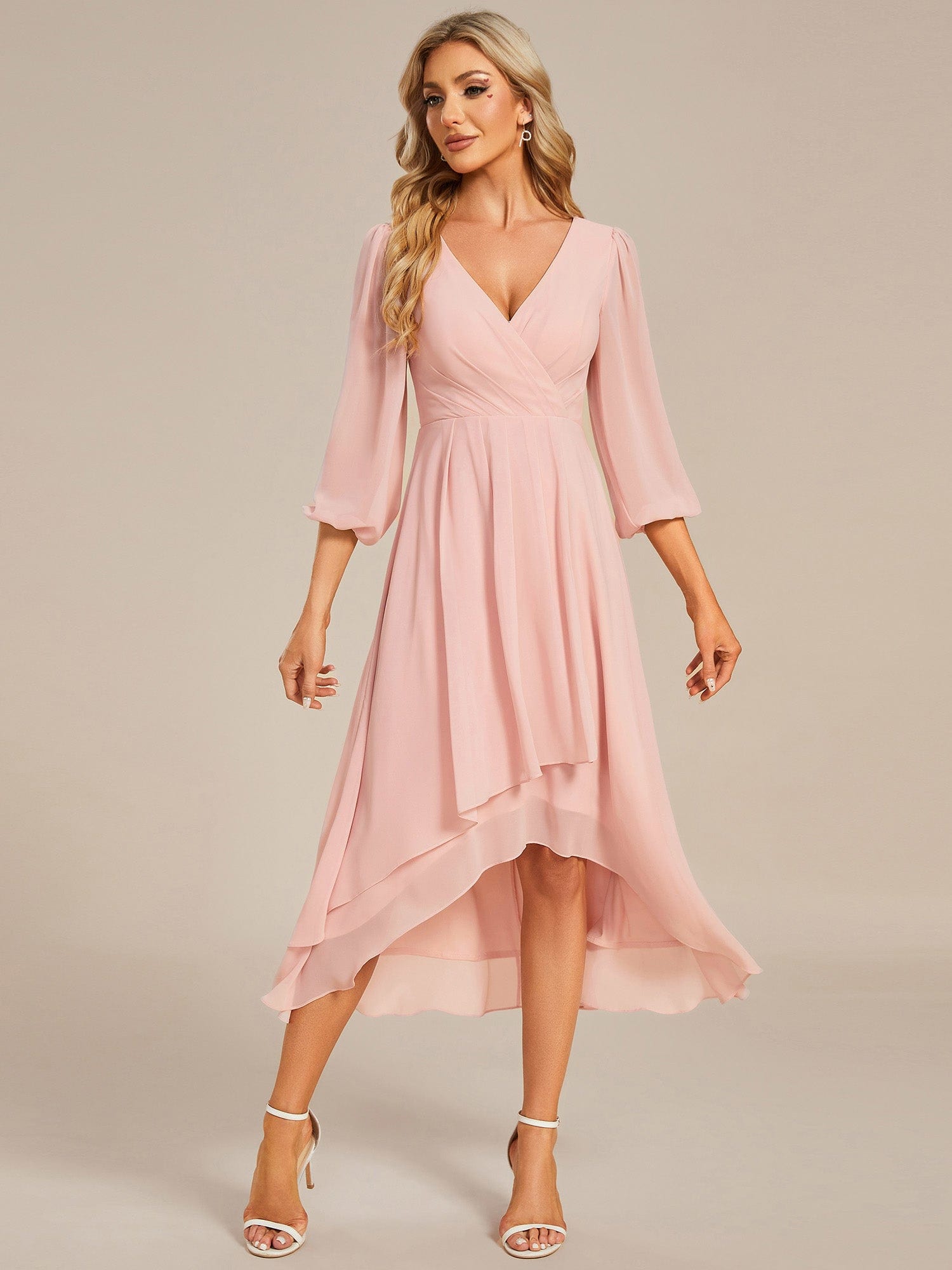 Long Sleeves Asymmetrical Hem A-Line Midi Wedding Guest Dress #color_Pink Long Sleeves Asymmetrical Hem A-Line Midi Wedding Guest Dress #color_Pink