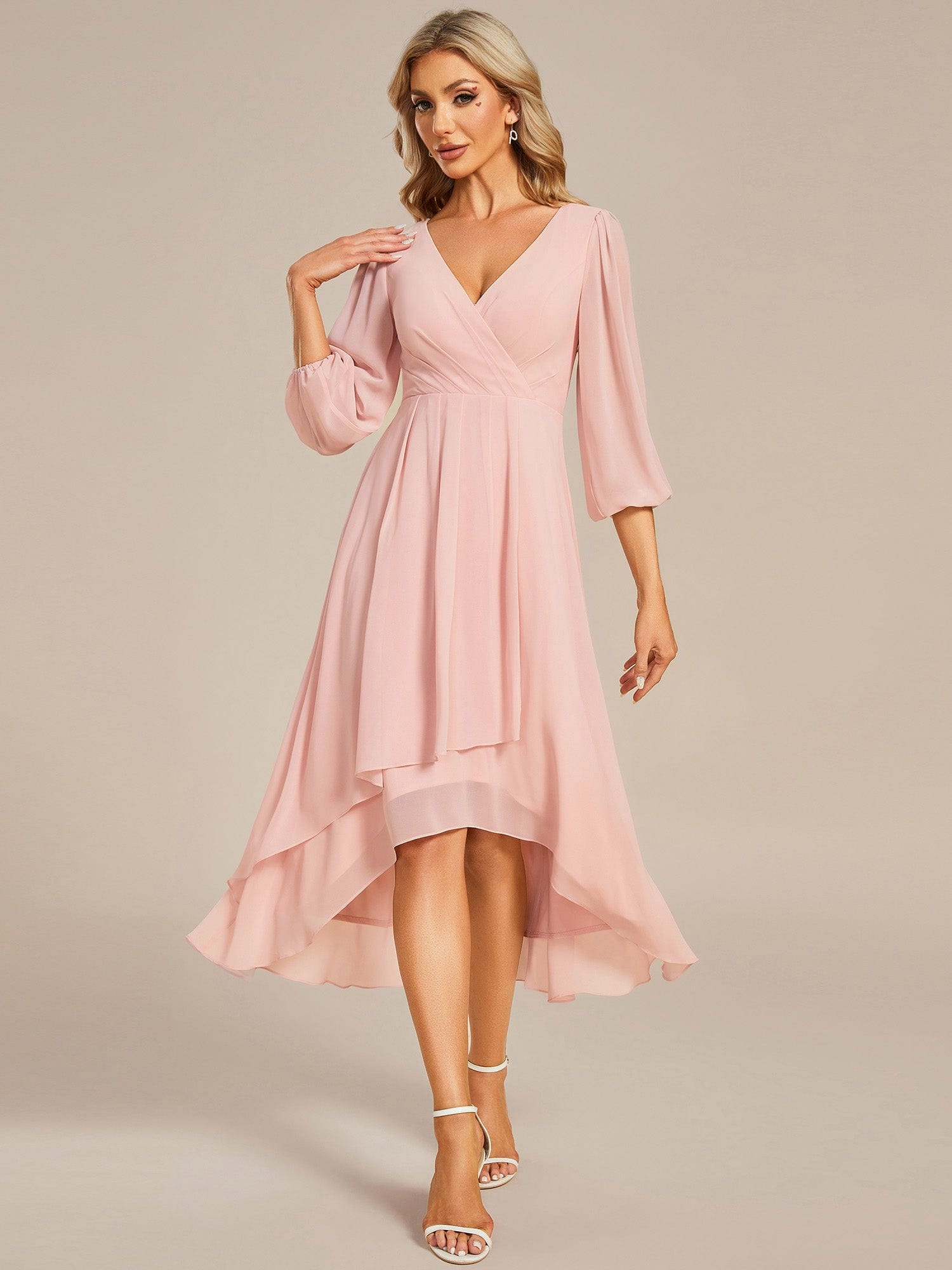 Long Sleeves Asymmetrical Hem A-Line Midi Wedding Guest Dress #color_Pink Long Sleeves Asymmetrical Hem A-Line Midi Wedding Guest Dress #color_Pink