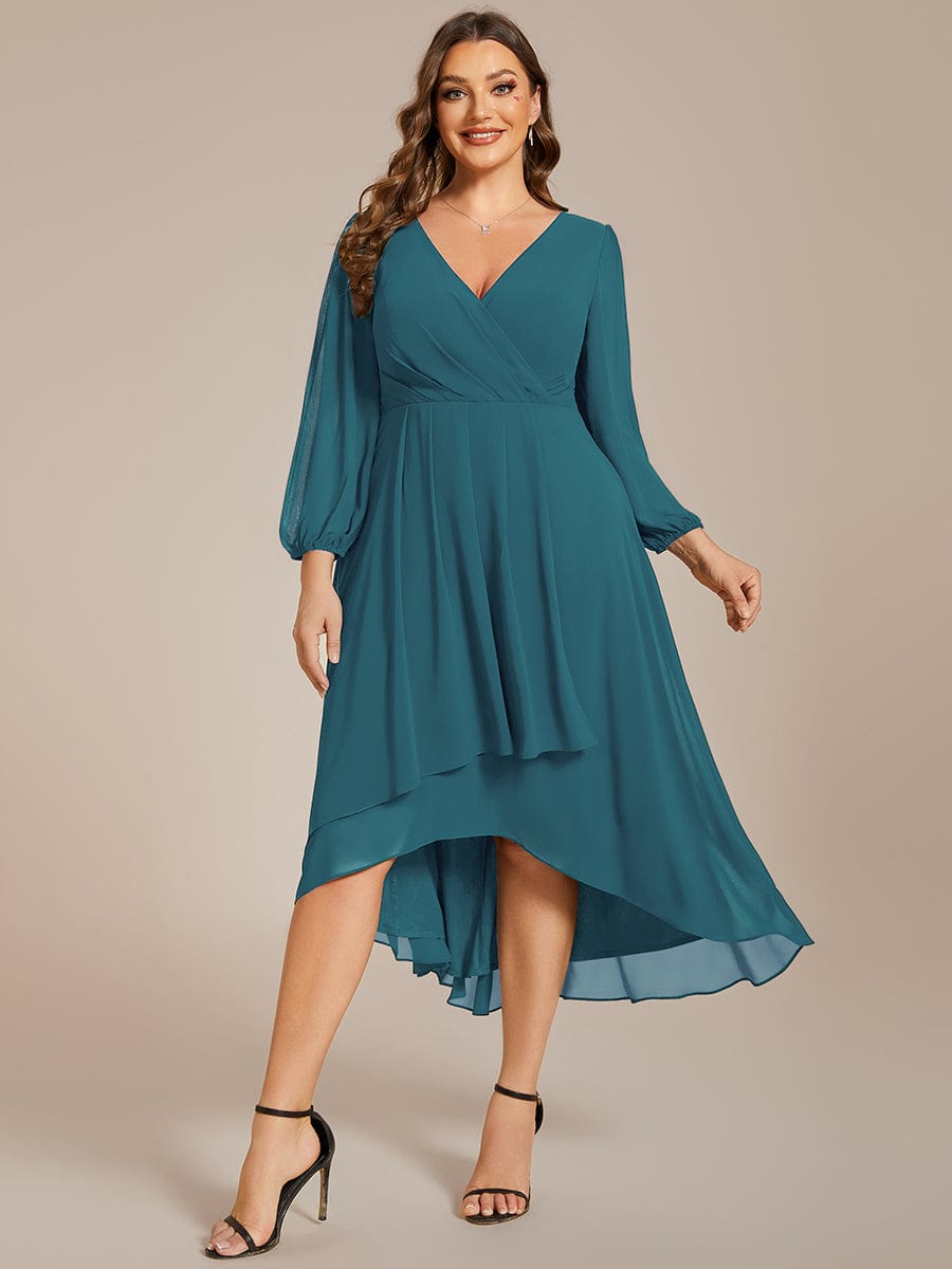 Plus Size Chiffon A-Line Long Sleeves Asymmetrical Hem Wedding Guest Dress #color_Teal Plus Size Chiffon A-Line Long Sleeves Asymmetrical Hem Wedding Guest Dress #color_Teal