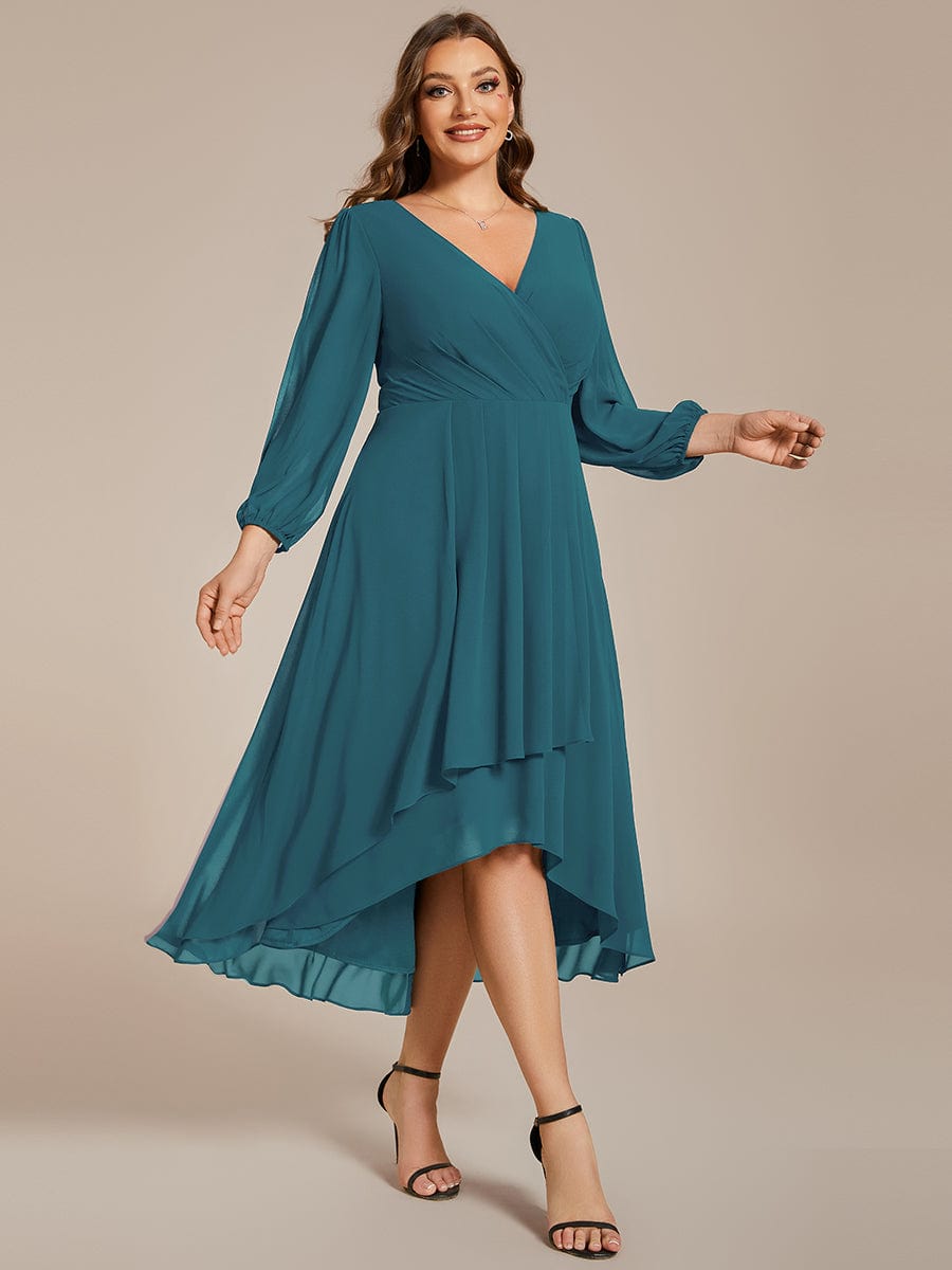 Plus Size Chiffon A-Line Long Sleeves Asymmetrical Hem Wedding Guest Dress #color_Teal Plus Size Chiffon A-Line Long Sleeves Asymmetrical Hem Wedding Guest Dress #color_Teal