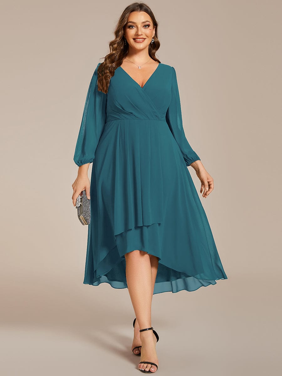 Plus Size Chiffon A-Line Long Sleeves Asymmetrical Hem Wedding Guest Dress #color_Teal Plus Size Chiffon A-Line Long Sleeves Asymmetrical Hem Wedding Guest Dress #color_Teal