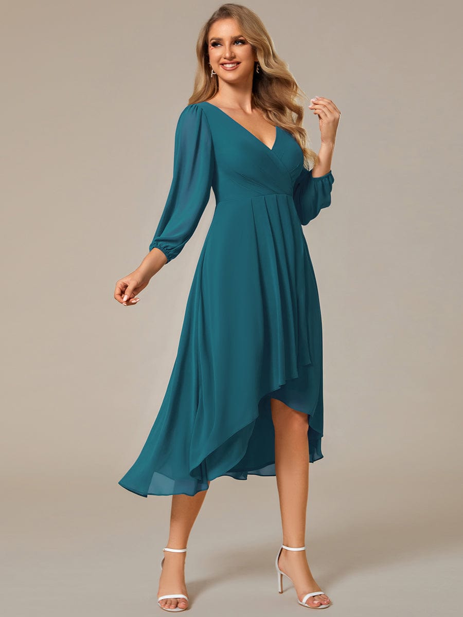 Long Sleeves Asymmetrical Hem A-Line Midi Wedding Guest Dress #color_Teal Long Sleeves Asymmetrical Hem A-Line Midi Wedding Guest Dress #color_Teal