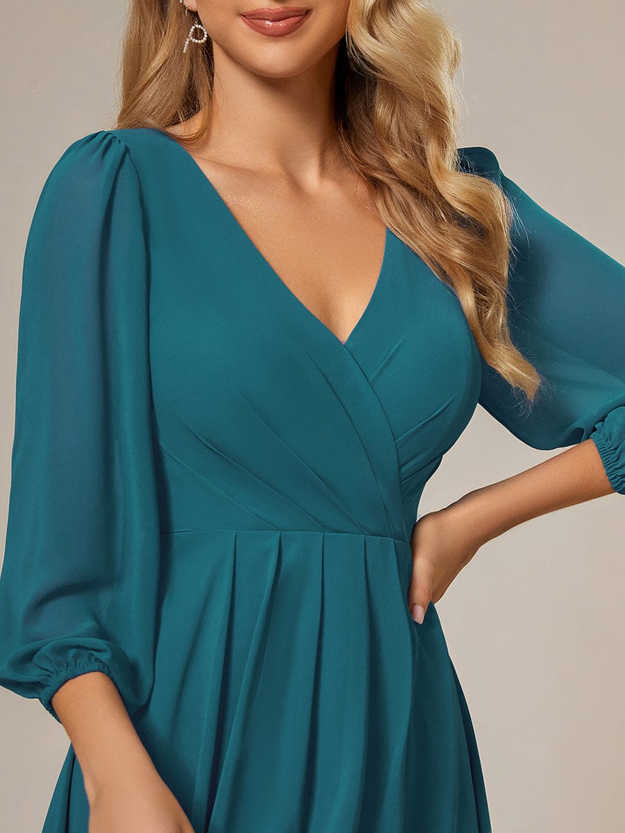 Long Sleeves Asymmetrical Hem A-Line Midi Wedding Guest Dress #color_Teal Long Sleeves Asymmetrical Hem A-Line Midi Wedding Guest Dress #color_Teal