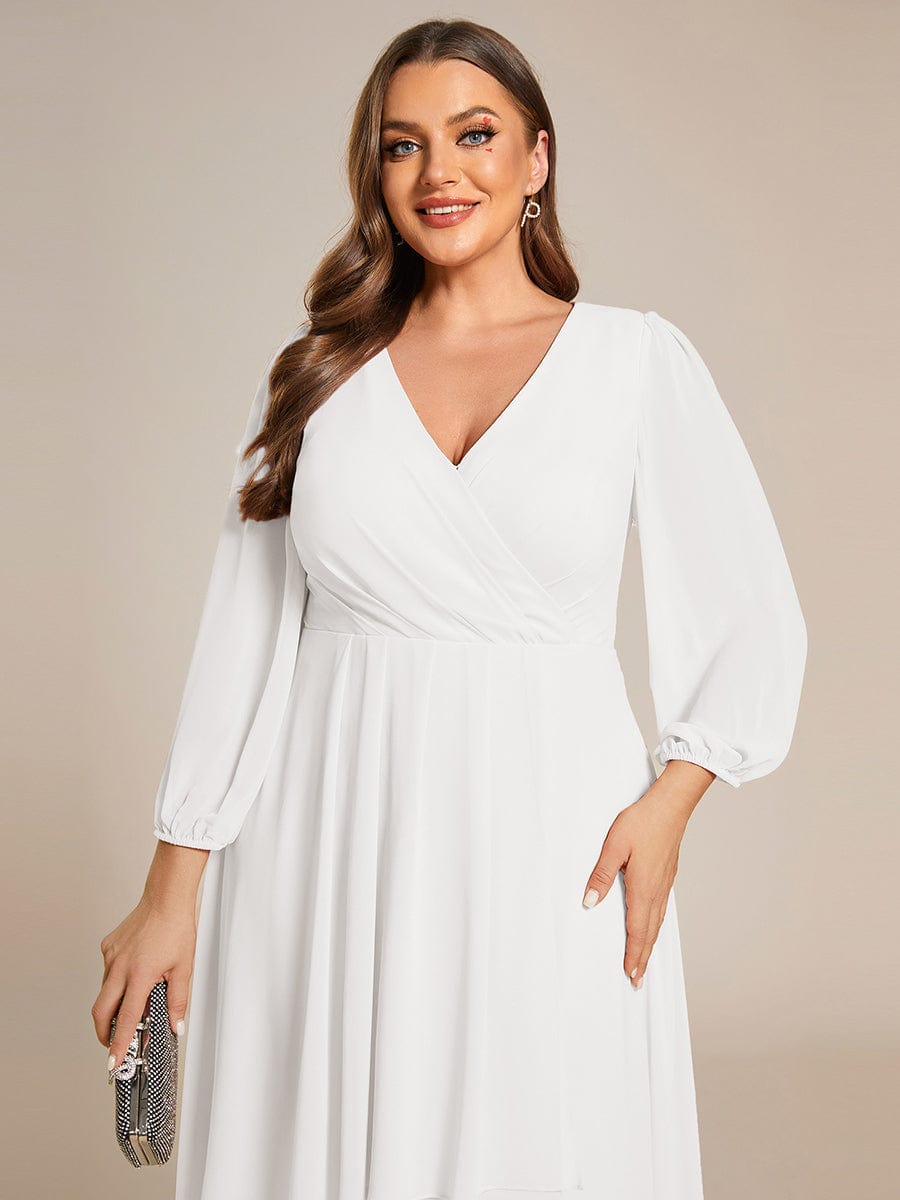Plus Size Chiffon A-Line Long Sleeves Asymmetrical Hem Wedding Guest Dress #color_White Plus Size Chiffon A-Line Long Sleeves Asymmetrical Hem Wedding Guest Dress #color_White
