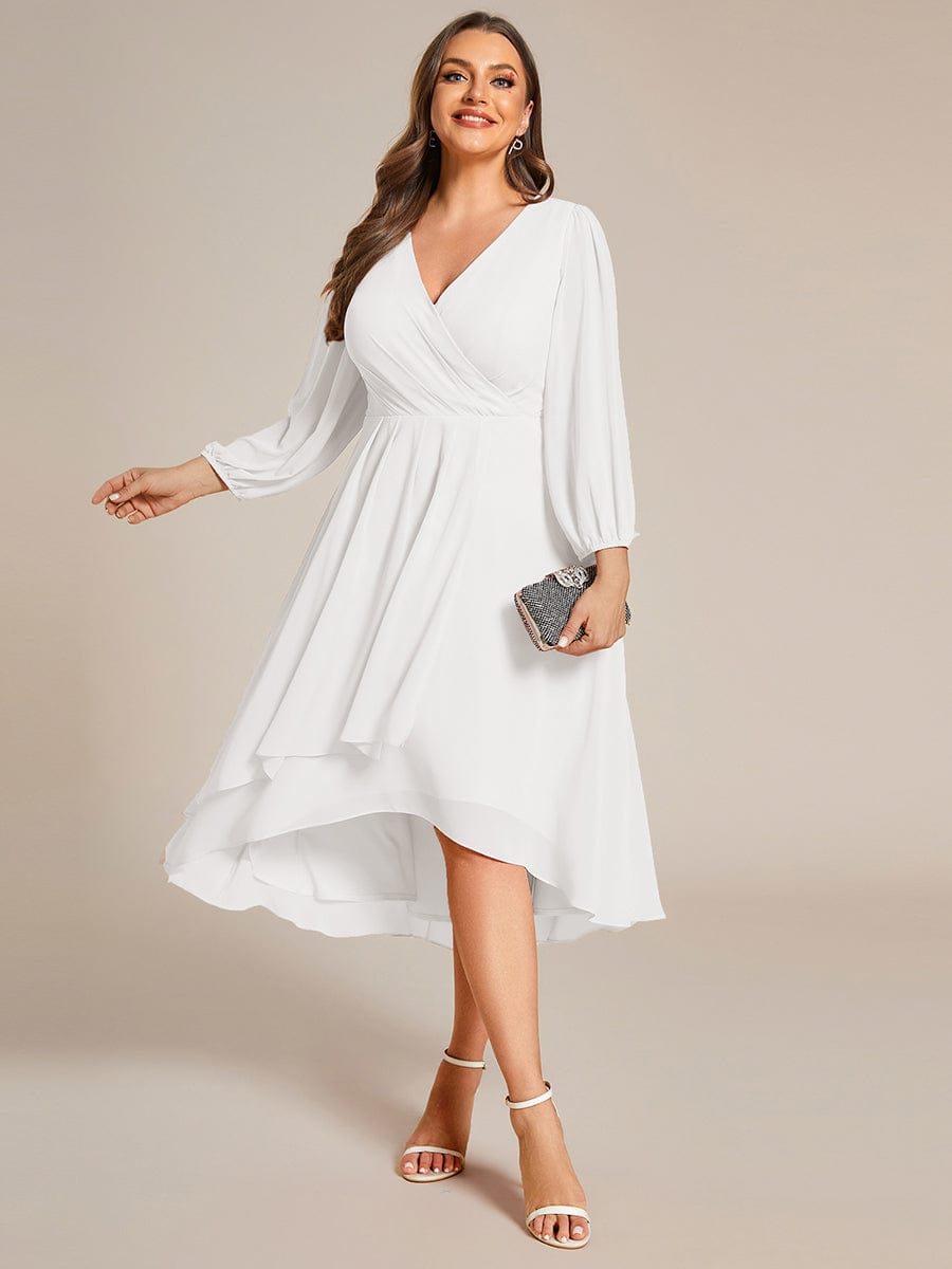 Plus Size Chiffon A-Line Long Sleeves Asymmetrical Hem Wedding Guest Dress #color_White Plus Size Chiffon A-Line Long Sleeves Asymmetrical Hem Wedding Guest Dress #color_White