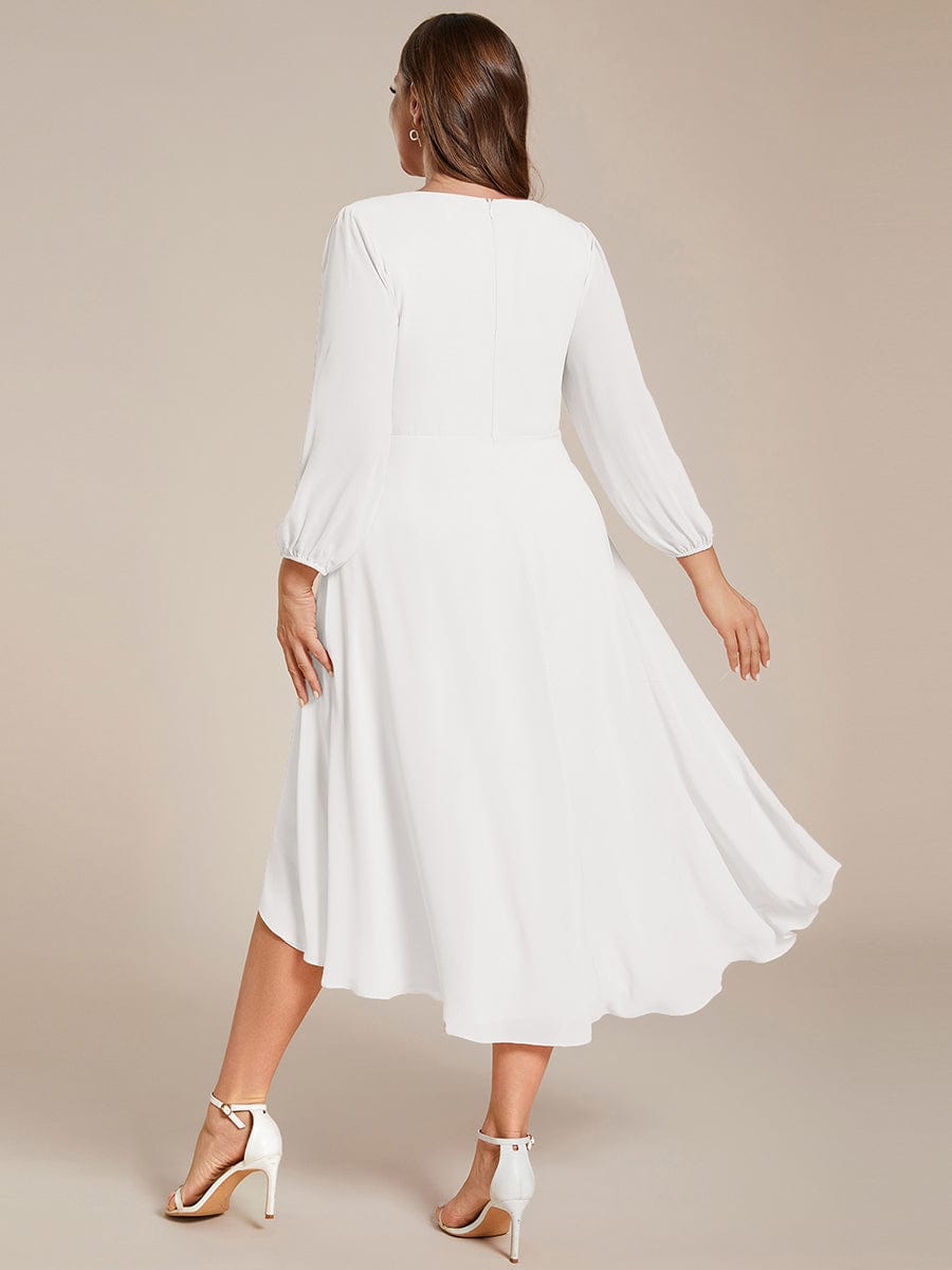 Plus Size Chiffon A-Line Long Sleeves Asymmetrical Hem Wedding Guest Dress #color_White Plus Size Chiffon A-Line Long Sleeves Asymmetrical Hem Wedding Guest Dress #color_White