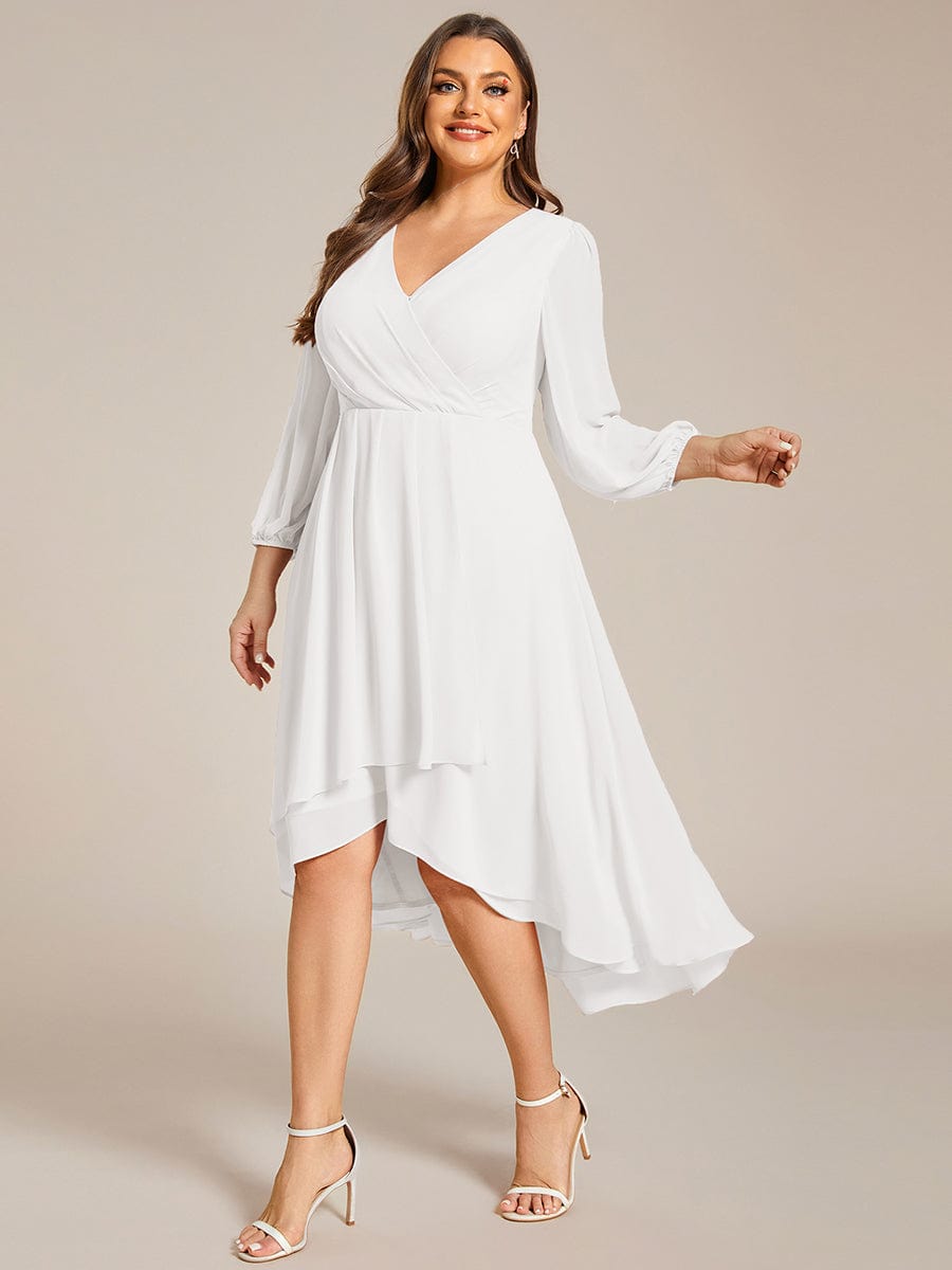 Plus Size Chiffon A-Line Long Sleeves Asymmetrical Hem Wedding Guest Dress #color_White Plus Size Chiffon A-Line Long Sleeves Asymmetrical Hem Wedding Guest Dress #color_White