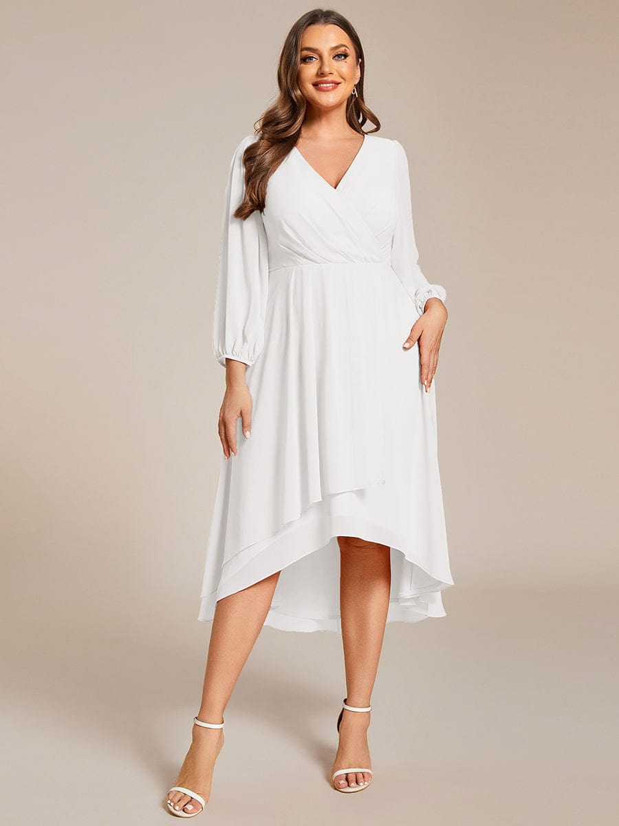 Long Sleeves Asymmetrical Hem A-Line Midi Wedding Guest Dress #color_White Long Sleeves Asymmetrical Hem A-Line Midi Wedding Guest Dress #color_White