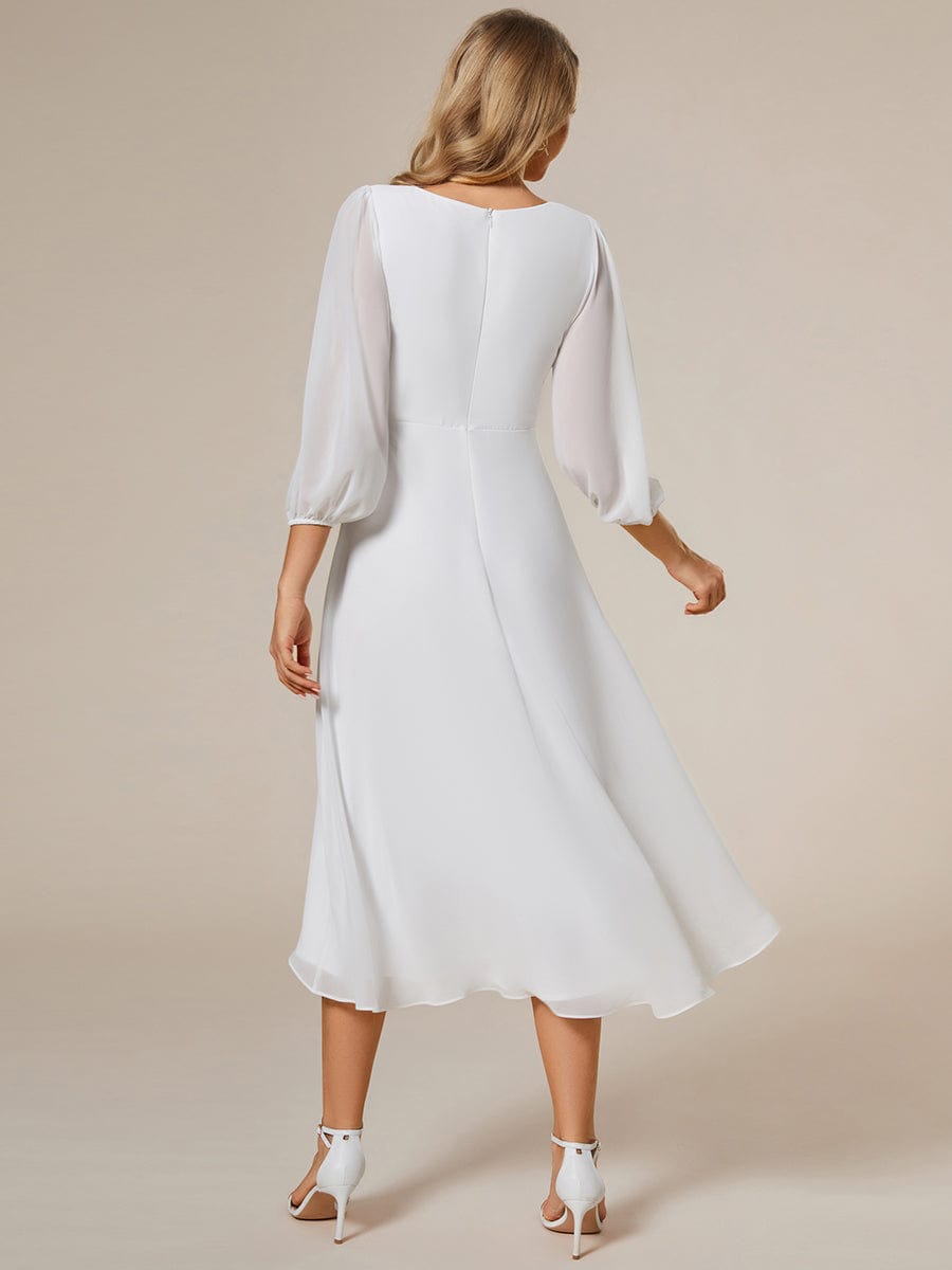 Long Sleeves Asymmetrical Hem A-Line Midi Wedding Guest Dress #color_White Long Sleeves Asymmetrical Hem A-Line Midi Wedding Guest Dress #color_White