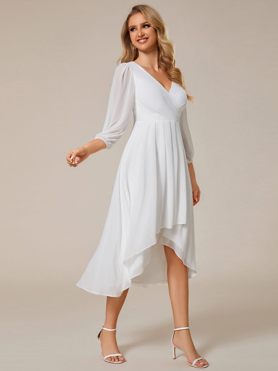 Long Sleeves Asymmetrical Hem A-Line Midi Wedding Guest Dress #color_White Long Sleeves Asymmetrical Hem A-Line Midi Wedding Guest Dress #color_White