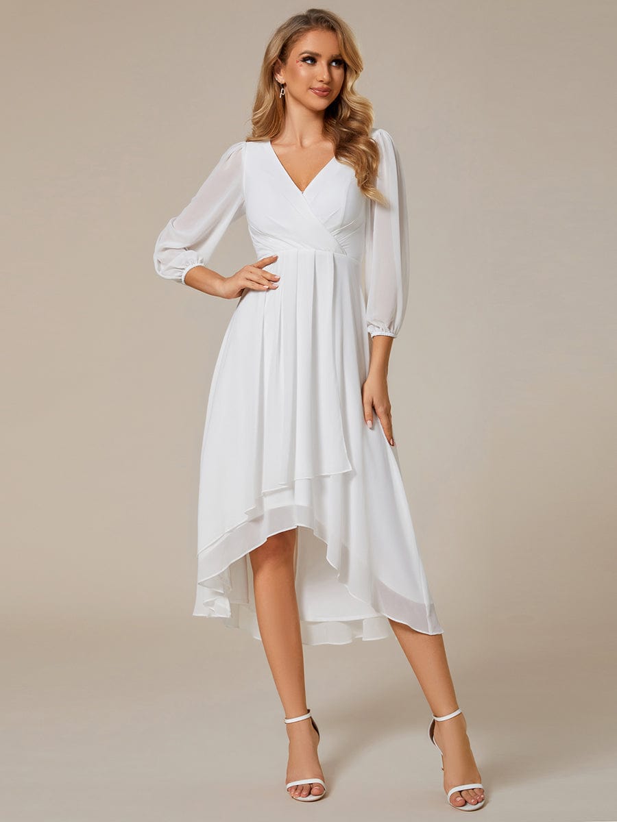 Long Sleeves Asymmetrical Hem A-Line Midi Wedding Guest Dress #color_White Long Sleeves Asymmetrical Hem A-Line Midi Wedding Guest Dress #color_White
