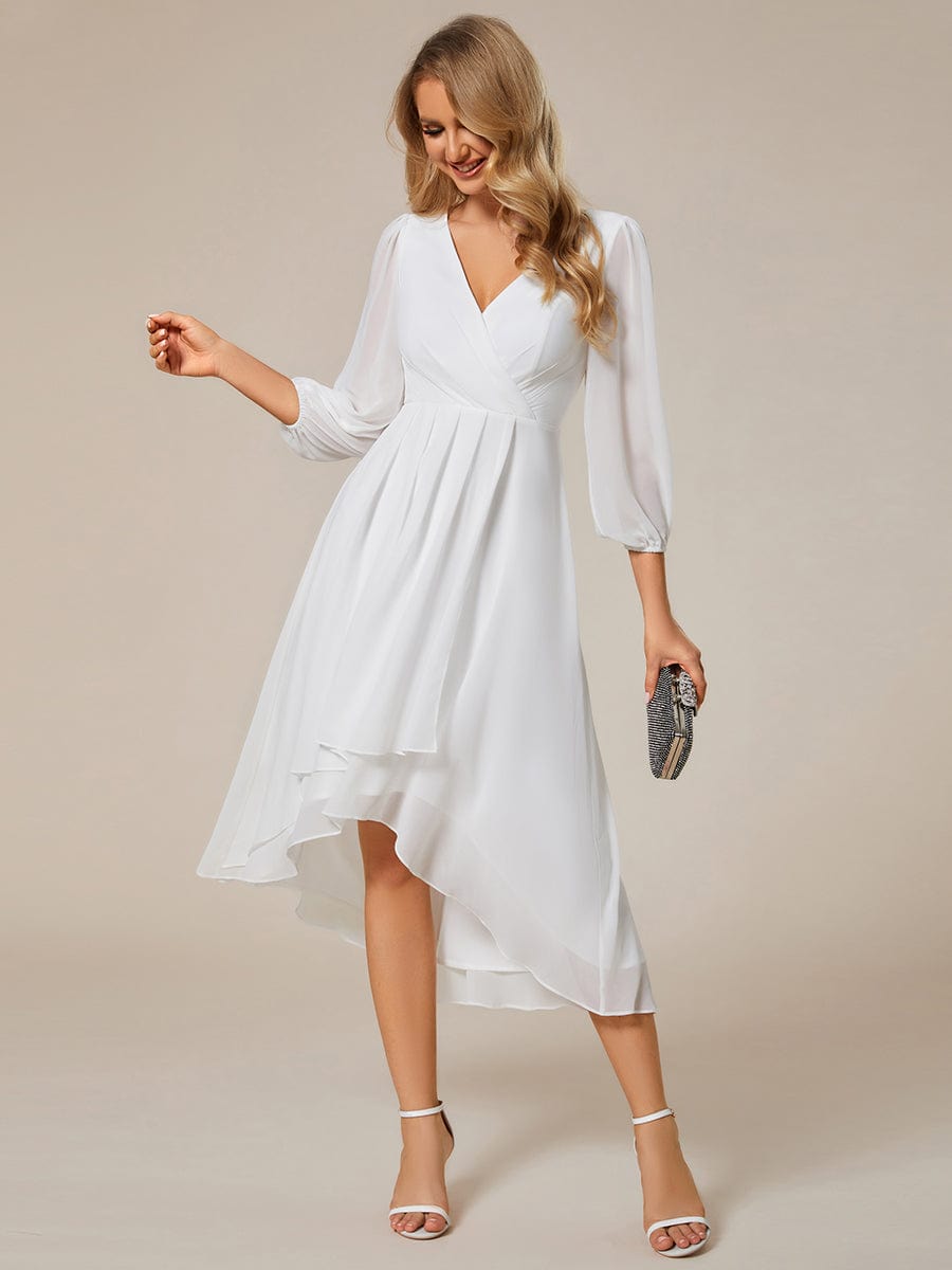 Long Sleeves Asymmetrical Hem A-Line Midi Wedding Guest Dress #color_White Long Sleeves Asymmetrical Hem A-Line Midi Wedding Guest Dress #color_White