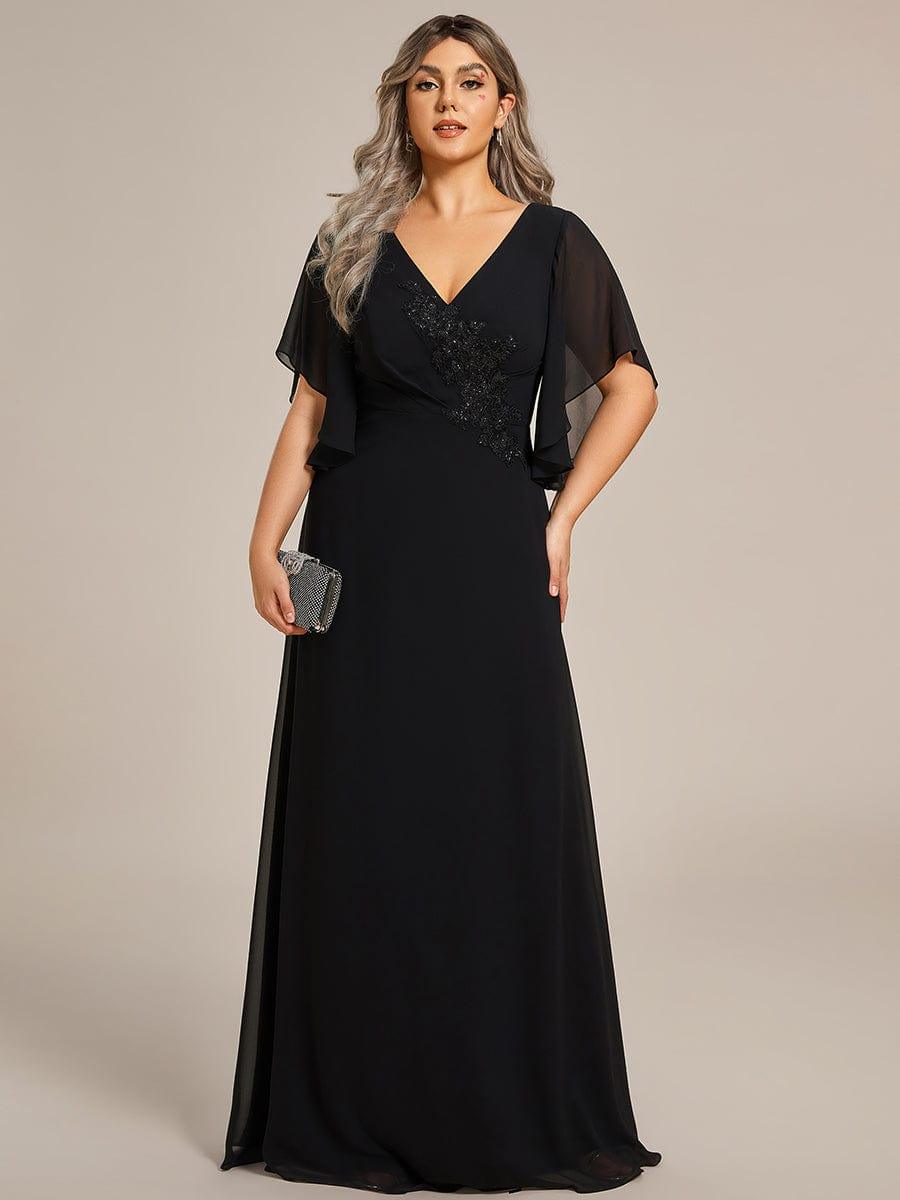 Half Sleeves Top Applique Decoration Chiffon Mother of the Bride Dress #color_Black Half Sleeves Top Applique Decoration Chiffon Mother of the Bride Dress #color_Black