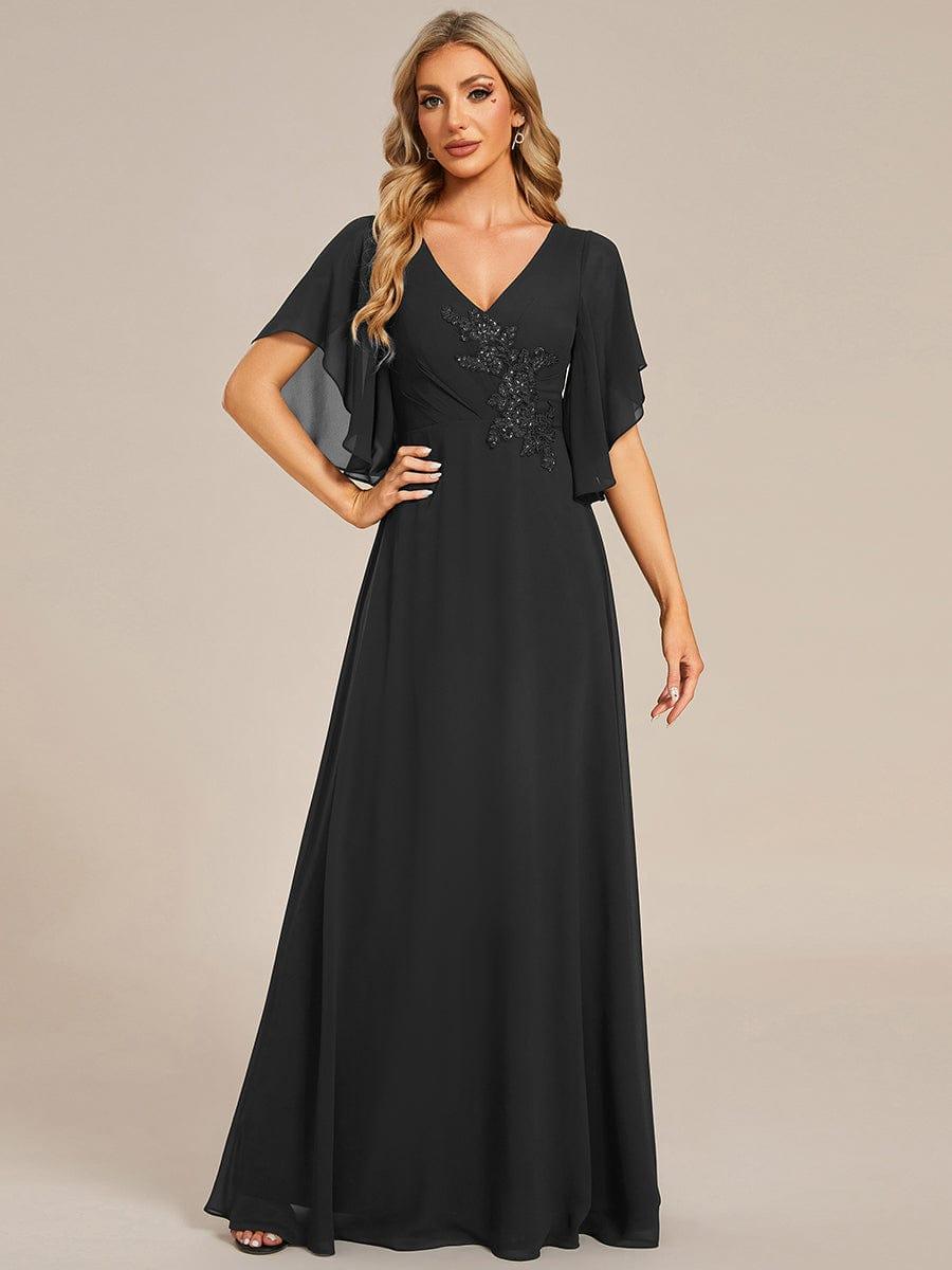 Half Sleeves Top Applique Decoration Chiffon Mother of the Bride Dress #color_Black Half Sleeves Top Applique Decoration Chiffon Mother of the Bride Dress #color_Black