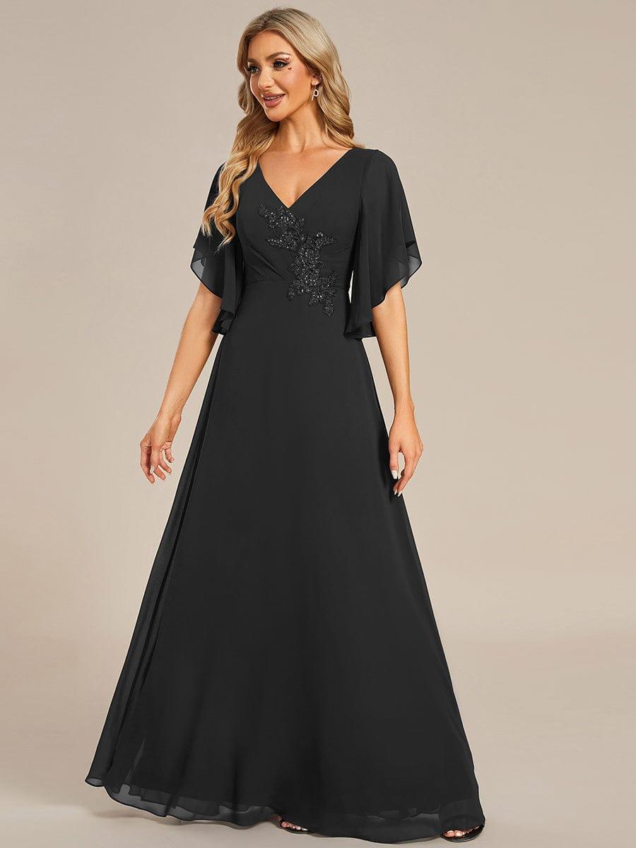 Half Sleeves Top Applique Decoration Chiffon Mother of the Bride Dress #color_Black Half Sleeves Top Applique Decoration Chiffon Mother of the Bride Dress #color_Black