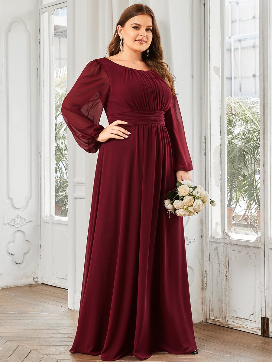 See-Througth Puff Sleeve Chiffon Plus Size Bridesmaid Dress #color_Burgundy See-Througth Puff Sleeve Chiffon Plus Size Bridesmaid Dress #color_Burgundy