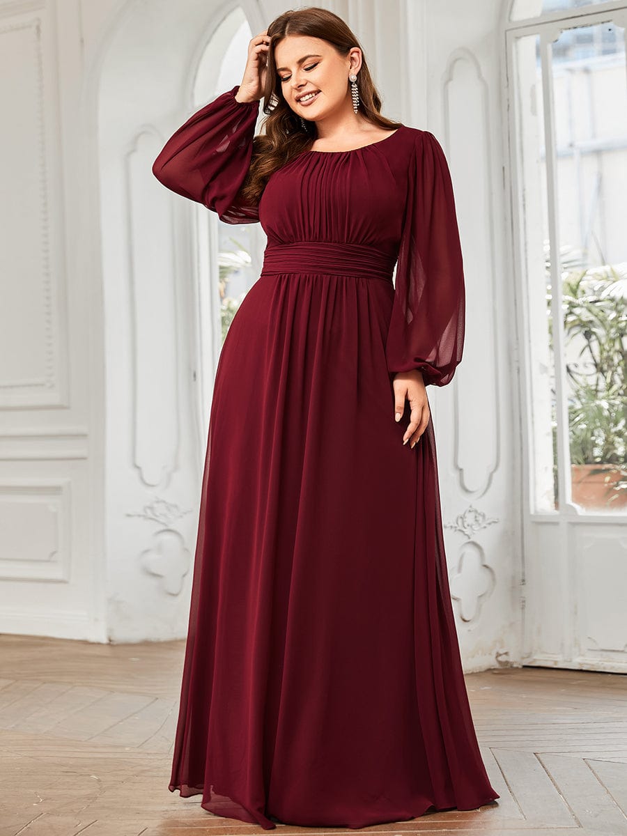 See-Througth Puff Sleeve Chiffon Plus Size Bridesmaid Dress #color_Burgundy See-Througth Puff Sleeve Chiffon Plus Size Bridesmaid Dress #color_Burgundy