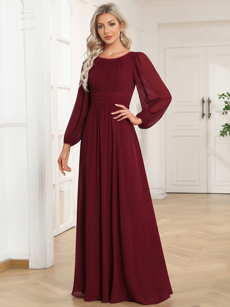 Chiffon High Empire Waist Puff Sleeve Bridesmaid Dress #color_Burgundy Chiffon High Empire Waist Puff Sleeve Bridesmaid Dress #color_Burgundy