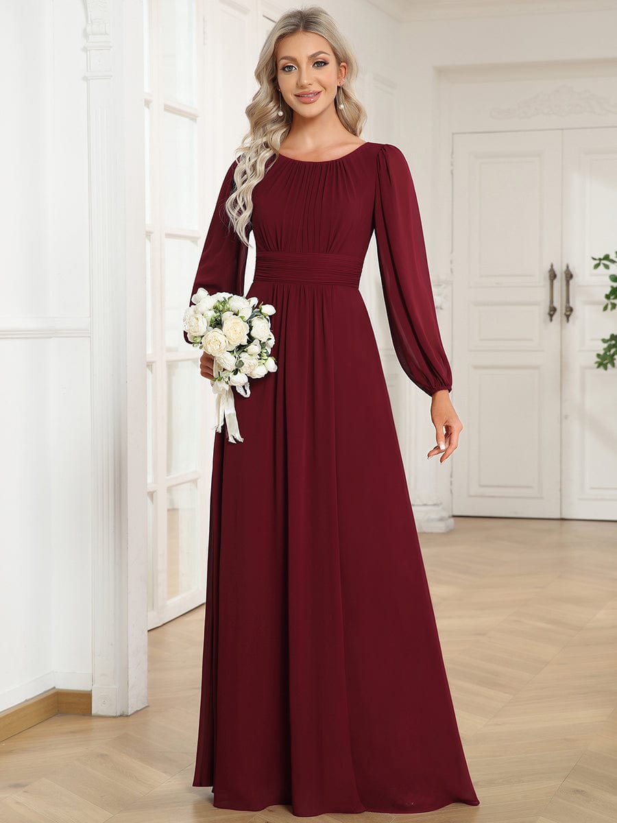 Chiffon High Empire Waist Puff Sleeve Bridesmaid Dress #color_Burgundy Chiffon High Empire Waist Puff Sleeve Bridesmaid Dress #color_Burgundy