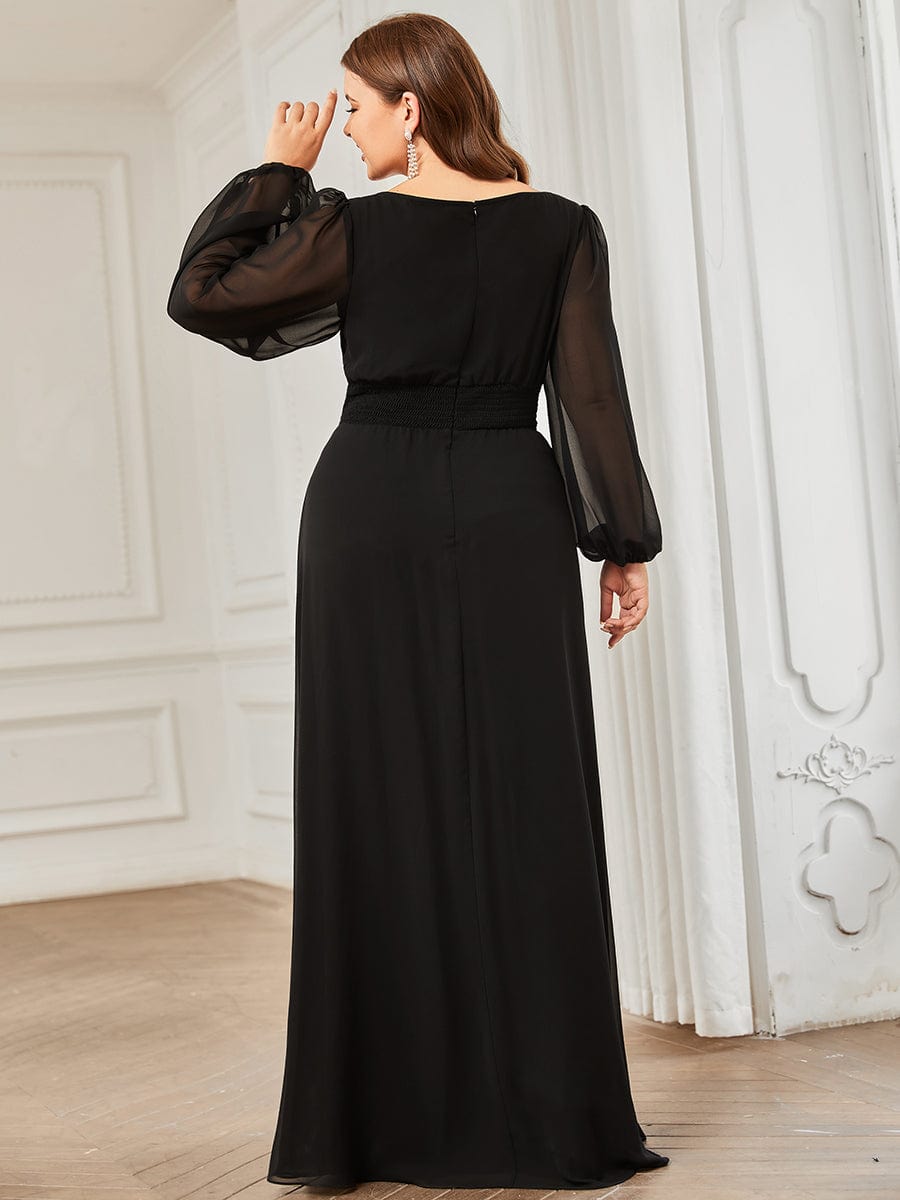 See-Througth Puff Sleeve Chiffon Plus Size Bridesmaid Dress #color_Black See-Througth Puff Sleeve Chiffon Plus Size Bridesmaid Dress #color_Black
