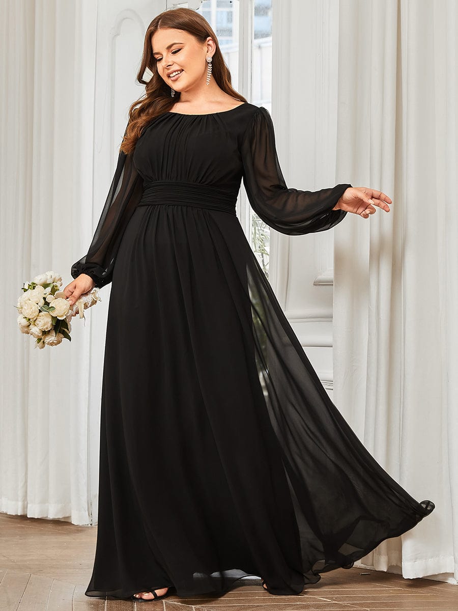 See-Througth Puff Sleeve Chiffon Plus Size Bridesmaid Dress #color_Black See-Througth Puff Sleeve Chiffon Plus Size Bridesmaid Dress #color_Black