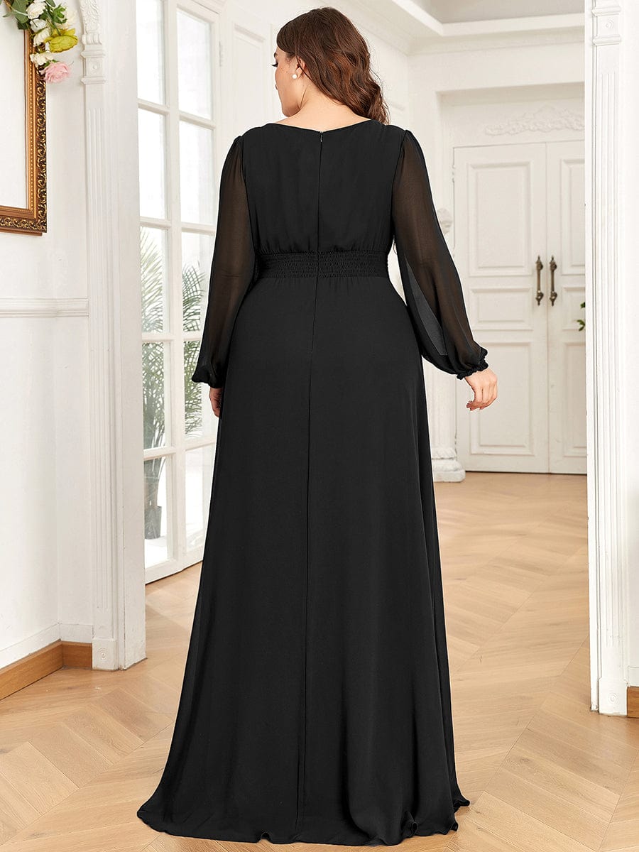 Chiffon High Empire Waist Puff Sleeve Bridesmaid Dress #color_Black Chiffon High Empire Waist Puff Sleeve Bridesmaid Dress #color_Black