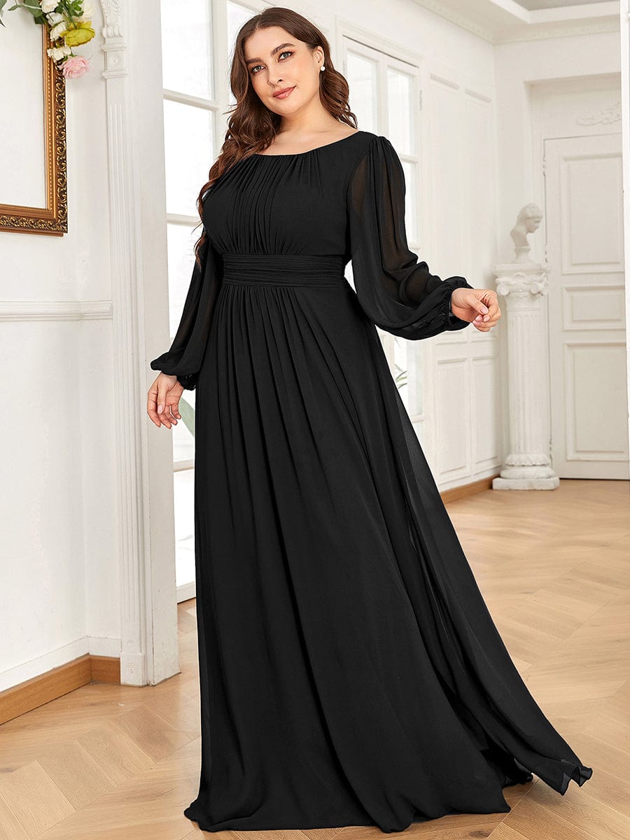 Chiffon High Empire Waist Puff Sleeve Bridesmaid Dress #color_Black Chiffon High Empire Waist Puff Sleeve Bridesmaid Dress #color_Black