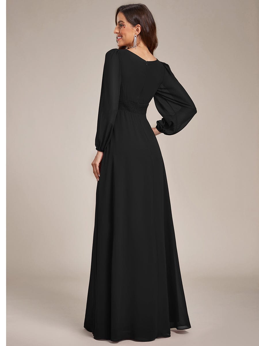 Chiffon High Empire Waist Puff Sleeve Bridesmaid Dress #color_Black Chiffon High Empire Waist Puff Sleeve Bridesmaid Dress #color_Black