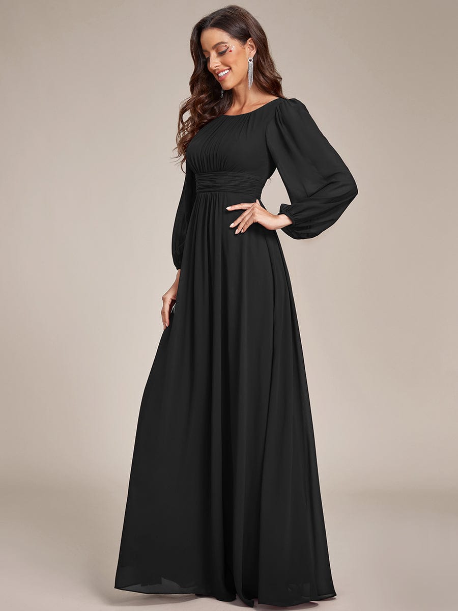 Chiffon High Empire Waist Puff Sleeve Bridesmaid Dress #color_Black Chiffon High Empire Waist Puff Sleeve Bridesmaid Dress #color_Black