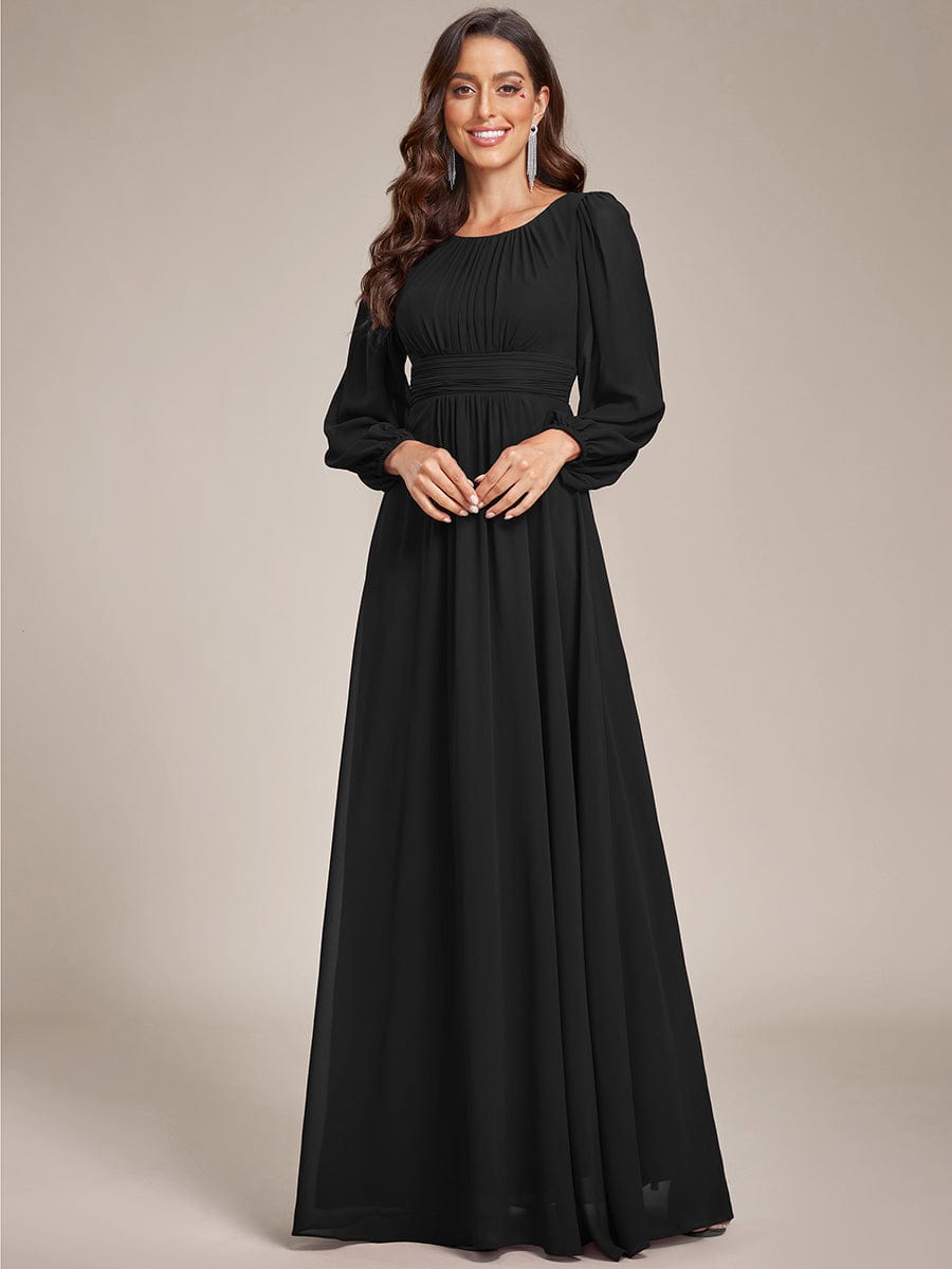Chiffon High Empire Waist Puff Sleeve Bridesmaid Dress #color_Black Chiffon High Empire Waist Puff Sleeve Bridesmaid Dress #color_Black