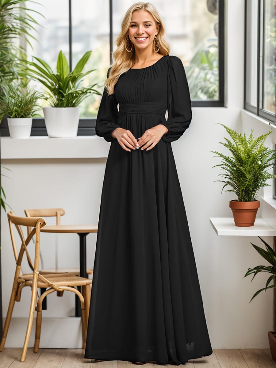 Chiffon High Empire Waist Puff Sleeve Bridesmaid Dress #color_Black Chiffon High Empire Waist Puff Sleeve Bridesmaid Dress #color_Black