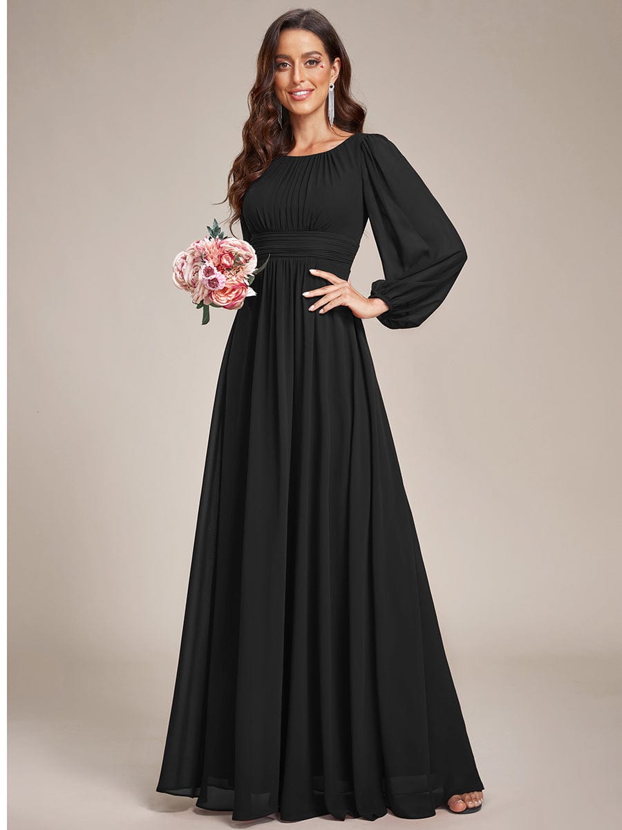 Chiffon High Empire Waist Puff Sleeve Bridesmaid Dress #color_Black Chiffon High Empire Waist Puff Sleeve Bridesmaid Dress #color_Black