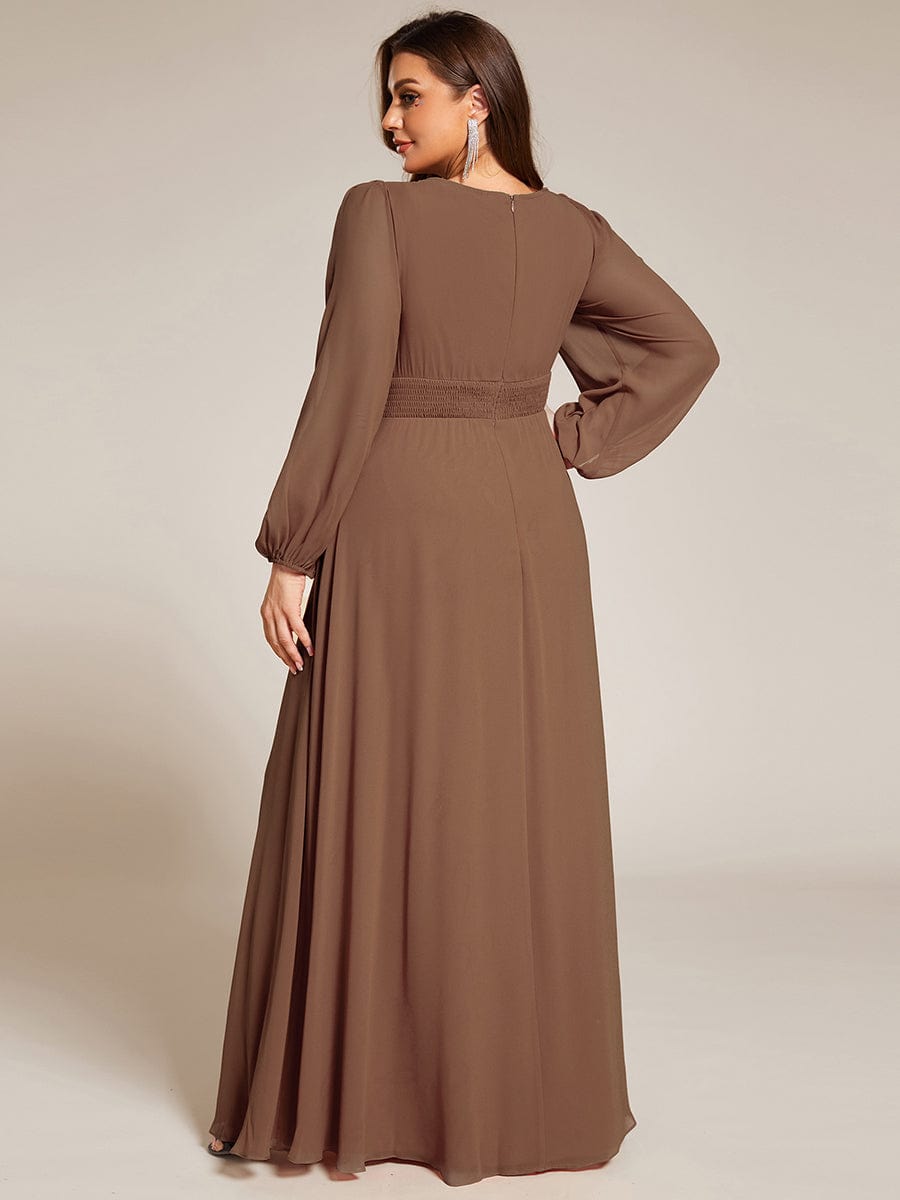 See-Througth Puff Sleeve Chiffon Plus Size Bridesmaid Dress #color_Brown See-Througth Puff Sleeve Chiffon Plus Size Bridesmaid Dress #color_Brown
